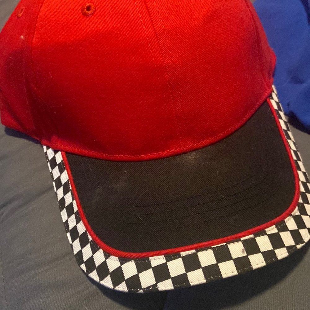 Racing styled hat checkerd flag pattern